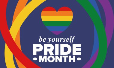 Haziran ayında LGBT Gurur Ayı. Lezbiyen Gey Biseksüel Transseksüel. Yıllık kutlama. LGBT bayrağı. Gökkuşağı aşk konsepti. İnsan hakları ve hoşgörü. Poster, kart, afiş ve geçmiş. Vektör illüstrasyonu