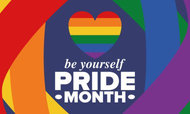 Haziran ayında LGBT Gurur Ayı. Lezbiyen Gey Biseksüel Transseksüel. Yıllık kutlama. LGBT bayrağı. Gökkuşağı aşk konsepti. İnsan hakları ve hoşgörü. Poster, kart, afiş ve geçmiş. Vektör illüstrasyonu