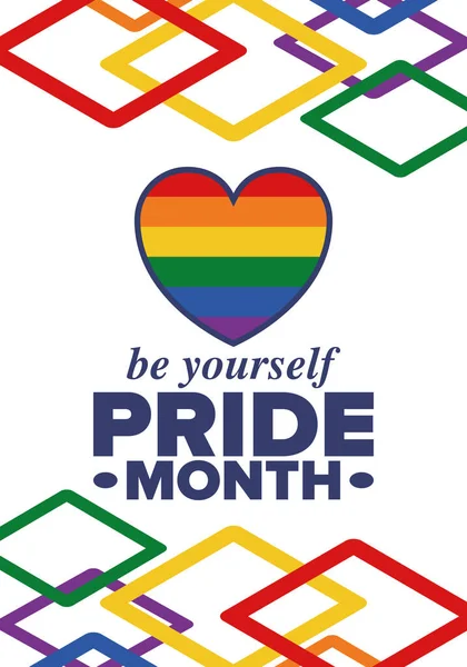 Haziran ayında LGBT Gurur Ayı. Lezbiyen Gey Biseksüel Transseksüel. Yıllık kutlama. LGBT bayrağı. Gökkuşağı aşk konsepti. İnsan hakları ve hoşgörü. Poster, kart, afiş ve geçmiş. Vektör illüstrasyonu