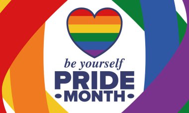 Haziran ayında LGBT Gurur Ayı. Lezbiyen Gey Biseksüel Transseksüel. Yıllık kutlama. LGBT bayrağı. Gökkuşağı aşk konsepti. İnsan hakları ve hoşgörü. Poster, kart, afiş ve geçmiş. Vektör illüstrasyonu