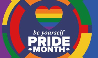 Haziran ayında LGBT Gurur Ayı. Lezbiyen Gey Biseksüel Transseksüel. Yıllık kutlama. LGBT bayrağı. Gökkuşağı aşk konsepti. İnsan hakları ve hoşgörü. Poster, kart, afiş ve geçmiş. Vektör illüstrasyonu