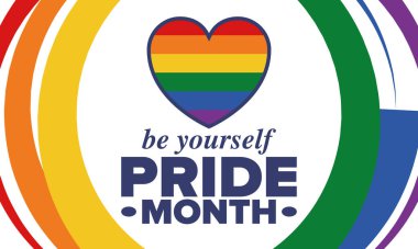 Haziran ayında LGBT Gurur Ayı. Lezbiyen Gey Biseksüel Transseksüel. Yıllık kutlama. LGBT bayrağı. Gökkuşağı aşk konsepti. İnsan hakları ve hoşgörü. Poster, kart, afiş ve geçmiş. Vektör illüstrasyonu