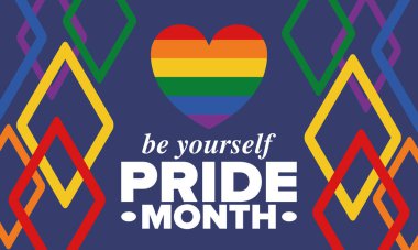 Haziran ayında LGBT Gurur Ayı. Lezbiyen Gey Biseksüel Transseksüel. Yıllık kutlama. LGBT bayrağı. Gökkuşağı aşk konsepti. İnsan hakları ve hoşgörü. Poster, kart, afiş ve geçmiş. Vektör illüstrasyonu