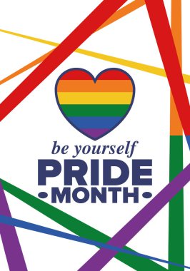 Haziran ayında LGBT Gurur Ayı. Lezbiyen Gey Biseksüel Transseksüel. Yıllık kutlama. LGBT bayrağı. Gökkuşağı aşk konsepti. İnsan hakları ve hoşgörü. Poster, kart, afiş ve geçmiş. Vektör illüstrasyonu