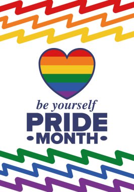 Haziran ayında LGBT Gurur Ayı. Lezbiyen Gey Biseksüel Transseksüel. Yıllık kutlama. LGBT bayrağı. Gökkuşağı aşk konsepti. İnsan hakları ve hoşgörü. Poster, kart, afiş ve geçmiş. Vektör illüstrasyonu