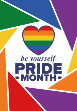 Haziran ayında LGBT Gurur Ayı. Lezbiyen Gey Biseksüel Transseksüel. Yıllık kutlama. LGBT bayrağı. Gökkuşağı aşk konsepti. İnsan hakları ve hoşgörü. Poster, kart, afiş ve geçmiş. Vektör illüstrasyonu