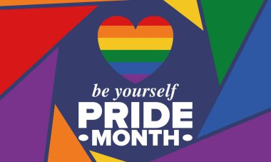 Haziran ayında LGBT Gurur Ayı. Lezbiyen Gey Biseksüel Transseksüel. Yıllık kutlama. LGBT bayrağı. Gökkuşağı aşk konsepti. İnsan hakları ve hoşgörü. Poster, kart, afiş ve geçmiş. Vektör illüstrasyonu