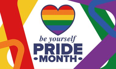 Haziran ayında LGBT Gurur Ayı. Lezbiyen Gey Biseksüel Transseksüel. Yıllık kutlama. LGBT bayrağı. Gökkuşağı aşk konsepti. İnsan hakları ve hoşgörü. Poster, kart, afiş ve geçmiş. Vektör illüstrasyonu