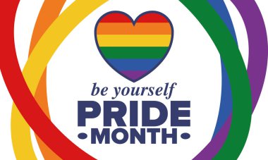 Haziran ayında LGBT Gurur Ayı. Lezbiyen Gey Biseksüel Transseksüel. Yıllık kutlama. LGBT bayrağı. Gökkuşağı aşk konsepti. İnsan hakları ve hoşgörü. Poster, kart, afiş ve geçmiş. Vektör illüstrasyonu