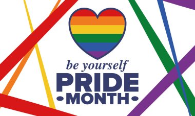 Haziran ayında LGBT Gurur Ayı. Lezbiyen Gey Biseksüel Transseksüel. Yıllık kutlama. LGBT bayrağı. Gökkuşağı aşk konsepti. İnsan hakları ve hoşgörü. Poster, kart, afiş ve geçmiş. Vektör illüstrasyonu