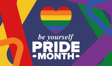 Haziran ayında LGBT Gurur Ayı. Lezbiyen Gey Biseksüel Transseksüel. Yıllık kutlama. LGBT bayrağı. Gökkuşağı aşk konsepti. İnsan hakları ve hoşgörü. Poster, kart, afiş ve geçmiş. Vektör illüstrasyonu