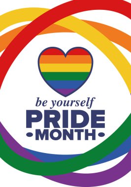 Haziran ayında LGBT Gurur Ayı. Lezbiyen Gey Biseksüel Transseksüel. Yıllık kutlama. LGBT bayrağı. Gökkuşağı aşk konsepti. İnsan hakları ve hoşgörü. Poster, kart, afiş ve geçmiş. Vektör illüstrasyonu