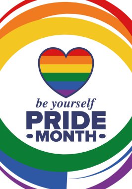 Haziran ayında LGBT Gurur Ayı. Lezbiyen Gey Biseksüel Transseksüel. Yıllık kutlama. LGBT bayrağı. Gökkuşağı aşk konsepti. İnsan hakları ve hoşgörü. Poster, kart, afiş ve geçmiş. Vektör illüstrasyonu