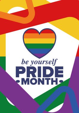 Haziran ayında LGBT Gurur Ayı. Lezbiyen Gey Biseksüel Transseksüel. Yıllık kutlama. LGBT bayrağı. Gökkuşağı aşk konsepti. İnsan hakları ve hoşgörü. Poster, kart, afiş ve geçmiş. Vektör illüstrasyonu