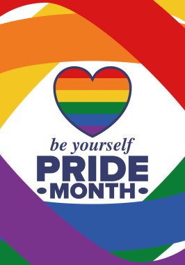 Haziran ayında LGBT Gurur Ayı. Lezbiyen Gey Biseksüel Transseksüel. Yıllık kutlama. LGBT bayrağı. Gökkuşağı aşk konsepti. İnsan hakları ve hoşgörü. Poster, kart, afiş ve geçmiş. Vektör illüstrasyonu