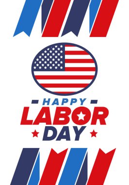 Mutlu İşçi Bayramı. Federal bayram, Amerika 'da yıllık kutlama. Amerikan işçi hareketi. Vatansever Amerikan unsurları. Poster, kart, afiş ve geçmiş. Vektör illüstrasyonu