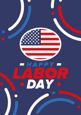 Mutlu İşçi Bayramı. Federal bayram, Amerika 'da yıllık kutlama. Amerikan işçi hareketi. Vatansever Amerikan unsurları. Poster, kart, afiş ve geçmiş. Vektör illüstrasyonu