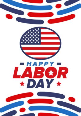 Mutlu İşçi Bayramı. Federal bayram, Amerika 'da yıllık kutlama. Amerikan işçi hareketi. Vatansever Amerikan unsurları. Poster, kart, afiş ve geçmiş. Vektör illüstrasyonu