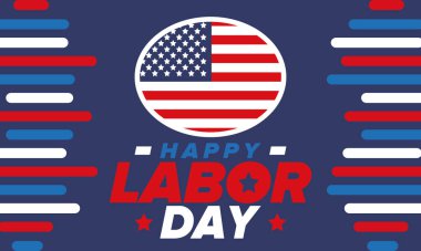 Mutlu İşçi Bayramı. Federal bayram, Amerika 'da yıllık kutlama. Amerikan işçi hareketi. Vatansever Amerikan unsurları. Poster, kart, afiş ve geçmiş. Vektör illüstrasyonu