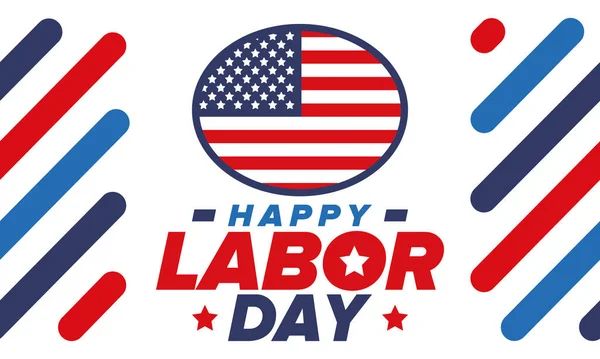 Happy Labor Day. Public federal holiday, celebrate annual in United States. American labor movement. Patriotic american elements. Poster, card, banner and background. Vector illustration