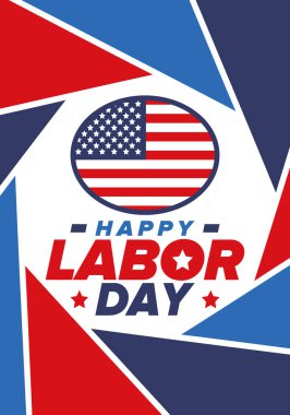 Mutlu İşçi Bayramı. Federal bayram, Amerika 'da yıllık kutlama. Amerikan işçi hareketi. Vatansever Amerikan unsurları. Poster, kart, afiş ve geçmiş. Vektör illüstrasyonu