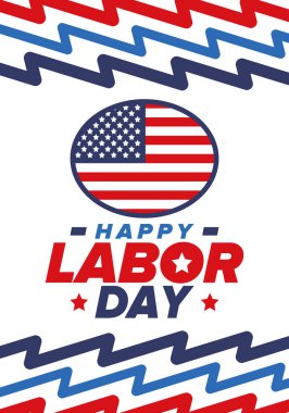 Mutlu İşçi Bayramı. Federal bayram, Amerika 'da yıllık kutlama. Amerikan işçi hareketi. Vatansever Amerikan unsurları. Poster, kart, afiş ve geçmiş. Vektör illüstrasyonu