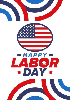 Mutlu İşçi Bayramı. Federal bayram, Amerika 'da yıllık kutlama. Amerikan işçi hareketi. Vatansever Amerikan unsurları. Poster, kart, afiş ve geçmiş. Vektör illüstrasyonu