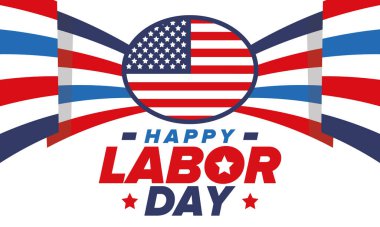 Mutlu İşçi Bayramı. Federal bayram, Amerika 'da yıllık kutlama. Amerikan işçi hareketi. Vatansever Amerikan unsurları. Poster, kart, afiş ve geçmiş. Vektör illüstrasyonu