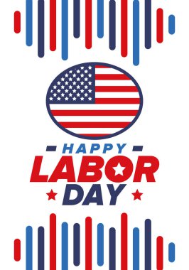 Mutlu İşçi Bayramı. Federal bayram, Amerika 'da yıllık kutlama. Amerikan işçi hareketi. Vatansever Amerikan unsurları. Poster, kart, afiş ve geçmiş. Vektör illüstrasyonu