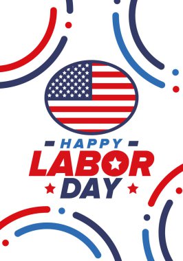 Mutlu İşçi Bayramı. Federal bayram, Amerika 'da yıllık kutlama. Amerikan işçi hareketi. Vatansever Amerikan unsurları. Poster, kart, afiş ve geçmiş. Vektör illüstrasyonu