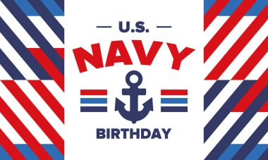 ABD Donanması doğum günü. Amerika 'da tatil. Amerikan Donanması - Silahlı Kuvvetler 'in deniz harp kolu. 13 Ekim 'de yıllık kutlama. Çapa sembolü. Vatansever unsurlar. Poster, kart, pankart. Vektör