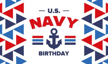 ABD Donanması doğum günü. Amerika 'da tatil. Amerikan Donanması - Silahlı Kuvvetler 'in deniz harp kolu. 13 Ekim 'de yıllık kutlama. Çapa sembolü. Vatansever unsurlar. Poster, kart, pankart. Vektör