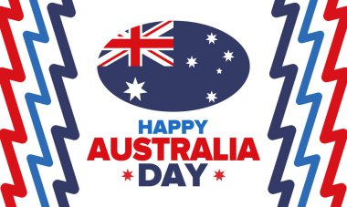 Avustralya Günü. Ulusal mutlu bayramlar, her yıl 26 Ocak 'ta kutlanıyor. Avustralya bayrağı. Vatansever unsurlar. Poster, kart, afiş ve geçmiş. Vektör illüstrasyonu