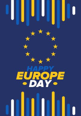 Avrupa Günü. Mayıs 'ta yıllık resmi tatil. Bu, Avrupa Konseyi 'nin 5 Mayıs, Avrupa Birliği' nin 9 Mayıs tarihli iki yıllık gözlemleme gününün adıdır. Poster, kart, afiş ve geçmiş. Vektör