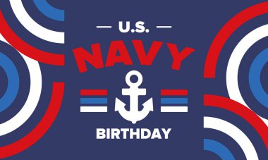 ABD Donanması doğum günü. Amerika 'da tatil. Amerikan Donanması - Silahlı Kuvvetler 'in deniz harp kolu. 13 Ekim 'de yıllık kutlama. Çapa sembolü. Vatansever unsurlar. Poster, kart, pankart. Vektör