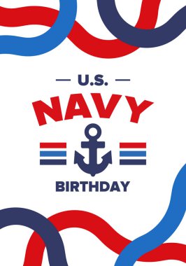ABD Donanması doğum günü. Amerika 'da tatil. Amerikan Donanması - Silahlı Kuvvetler 'in deniz harp kolu. 13 Ekim 'de yıllık kutlama. Çapa sembolü. Vatansever unsurlar. Poster, kart, pankart. Vektör