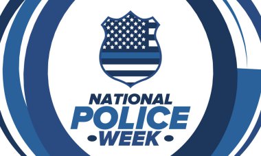 Mayıs 'ta Ulusal Polis Haftası. Amerika 'da yıllık kutlama. Kahraman polisin onuruna. Polis rozeti ve vatansever unsurlar. Subaylar Anma Günü. Poster, kart, pankart. Vektör illüstrasyonu