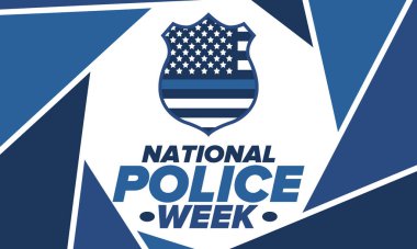 Mayıs 'ta Ulusal Polis Haftası. Amerika 'da yıllık kutlama. Kahraman polisin onuruna. Polis rozeti ve vatansever unsurlar. Subaylar Anma Günü. Poster, kart, pankart. Vektör illüstrasyonu