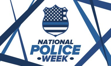Mayıs 'ta Ulusal Polis Haftası. Amerika 'da yıllık kutlama. Kahraman polisin onuruna. Polis rozeti ve vatansever unsurlar. Subaylar Anma Günü. Poster, kart, pankart. Vektör illüstrasyonu