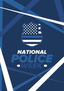 Mayıs 'ta Ulusal Polis Haftası. Amerika 'da yıllık kutlama. Kahraman polisin onuruna. Polis rozeti ve vatansever unsurlar. Subaylar Anma Günü. Poster, kart, pankart. Vektör illüstrasyonu