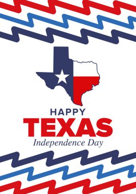 Teksas Bağımsızlık Günü. Amerika Birleşik Devletleri 'nde özgürlük tatili, Mart ayında yıllık kutlama. Lone Star bayrağı. Teksas bayrağı. Vatansever işaretler ve unsurlar. Poster, kart, afiş ve geçmiş. Vektör illüstrasyonu
