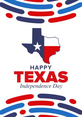 Teksas Bağımsızlık Günü. Amerika Birleşik Devletleri 'nde özgürlük tatili, Mart ayında yıllık kutlama. Lone Star bayrağı. Teksas bayrağı. Vatansever işaretler ve unsurlar. Poster, kart, afiş ve geçmiş. Vektör illüstrasyonu