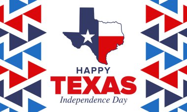 Teksas Bağımsızlık Günü. Amerika Birleşik Devletleri 'nde özgürlük tatili, Mart ayında yıllık kutlama. Lone Star bayrağı. Teksas bayrağı. Vatansever işaretler ve unsurlar. Poster, kart, afiş ve geçmiş. Vektör illüstrasyonu