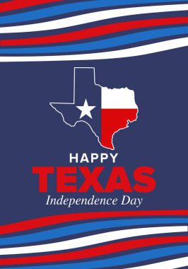 Teksas Bağımsızlık Günü. Amerika Birleşik Devletleri 'nde özgürlük tatili, Mart ayında yıllık kutlama. Lone Star bayrağı. Teksas bayrağı. Vatansever işaretler ve unsurlar. Poster, kart, afiş ve geçmiş. Vektör illüstrasyonu