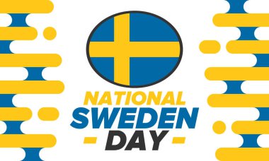 İsveç Ulusal Günü. İsveç 'te her yıl 6 Haziran' da kutlanır. Ulusal özgürlük bayramın kutlu olsun. İsveç bayrağı. Kuzey İskandinav ülkesi. Vatansever poster tasarımı. Vektör illüstrasyonu