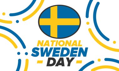 İsveç Ulusal Günü. İsveç 'te her yıl 6 Haziran' da kutlanır. Ulusal özgürlük bayramın kutlu olsun. İsveç bayrağı. Kuzey İskandinav ülkesi. Vatansever poster tasarımı. Vektör illüstrasyonu