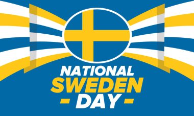 İsveç Ulusal Günü. İsveç 'te her yıl 6 Haziran' da kutlanır. Ulusal özgürlük bayramın kutlu olsun. İsveç bayrağı. Kuzey İskandinav ülkesi. Vatansever poster tasarımı. Vektör illüstrasyonu