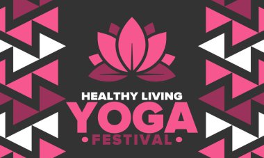 Yoga Festivali. Sağlıklı Yaşam. Kendini keşfetmek ve ahengi bulmak için bir olay. Meditasyonlar, fitness egzersizleri ve zihin ve beden dengesi üzerinde çalışmak. Yoga egzersizi. Lotus çiçeği. Vektör posteri