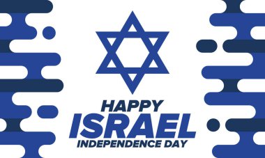 İsrail 'in Bağımsızlık Günü. Ulusal bayram, yıllık kutlama. İsrail bayrağı. Davut 'un Yıldızı, Yahudi sembolü. Vatansever işaretler ve unsurlar. Poster, kart, afiş ve geçmiş. Vektör illüstrasyonu