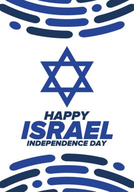 İsrail 'in Bağımsızlık Günü. Ulusal bayram, yıllık kutlama. İsrail bayrağı. Davut 'un Yıldızı, Yahudi sembolü. Vatansever işaretler ve unsurlar. Poster, kart, afiş ve geçmiş. Vektör illüstrasyonu